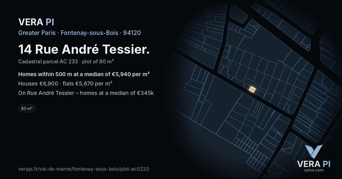 14 Rue André Tessier, Fontenay-sous-Bois at night – the plot lit, the parcels around coloured by the prices near them