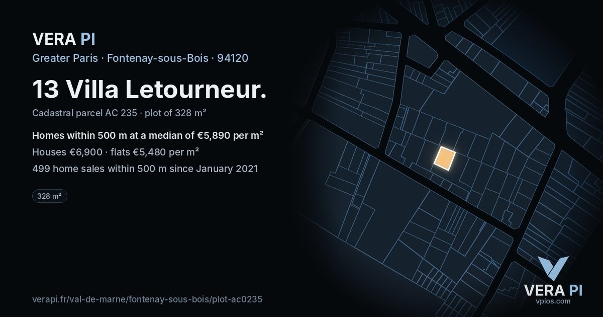 13 Villa Letourneur, Fontenay-sous-Bois at night – the plot lit, the parcels around coloured by the prices near them
