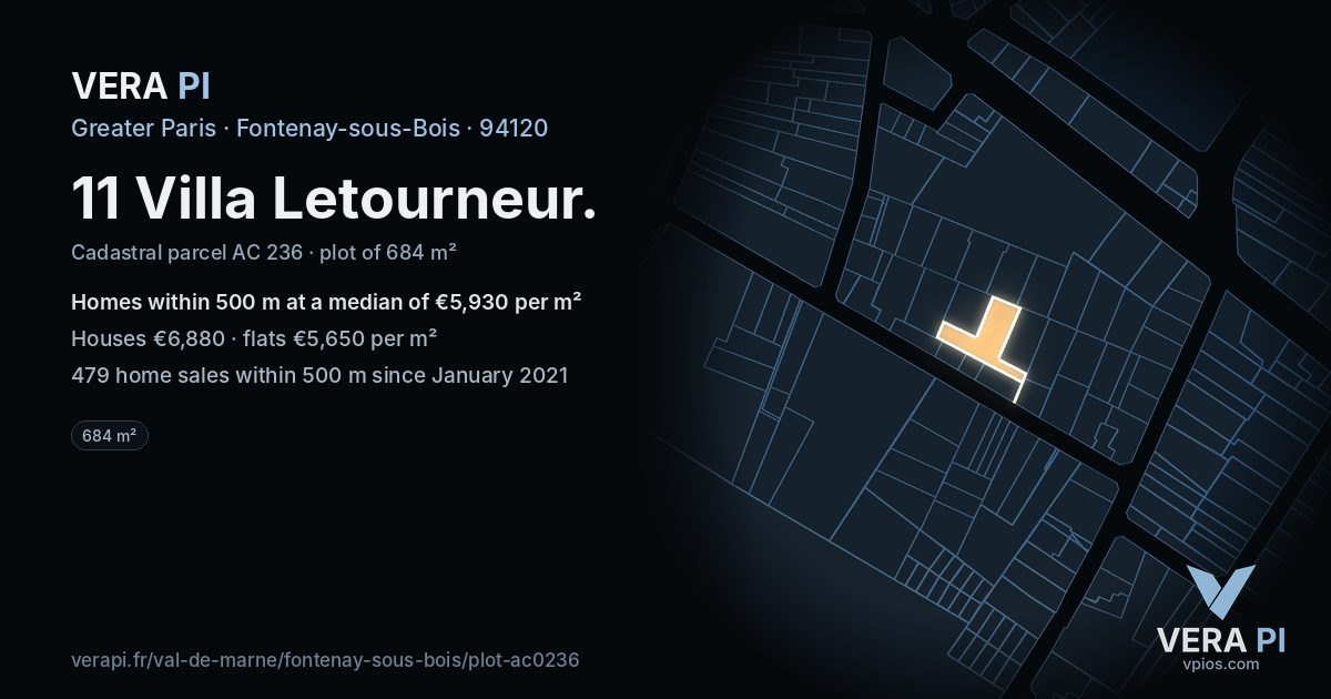 11 Villa Letourneur, Fontenay-sous-Bois at night – the plot lit, the parcels around coloured by the prices near them