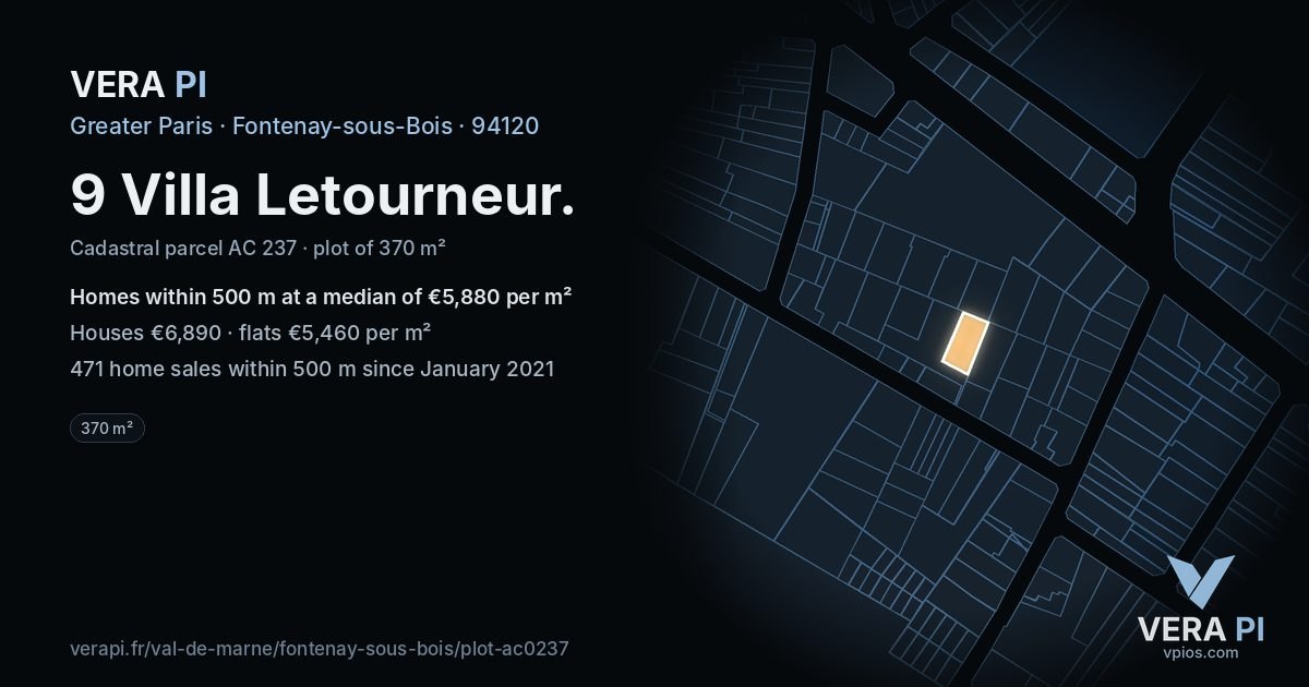 9 Villa Letourneur, Fontenay-sous-Bois at night – the plot lit, the parcels around coloured by the prices near them