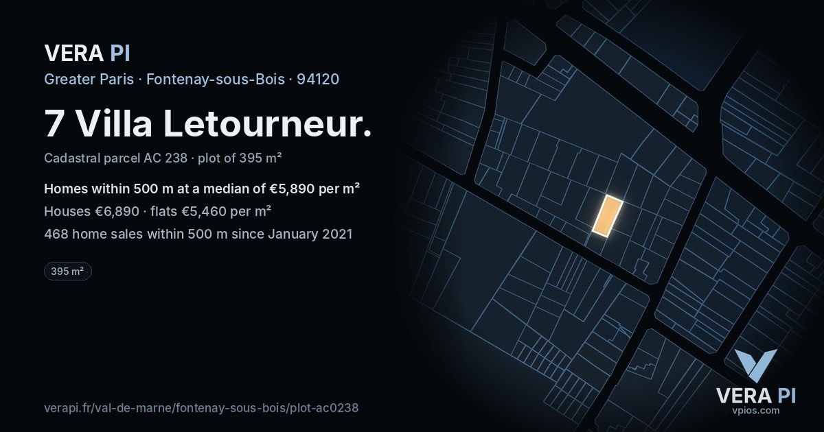7 Villa Letourneur, Fontenay-sous-Bois at night – the plot lit, the parcels around coloured by the prices near them