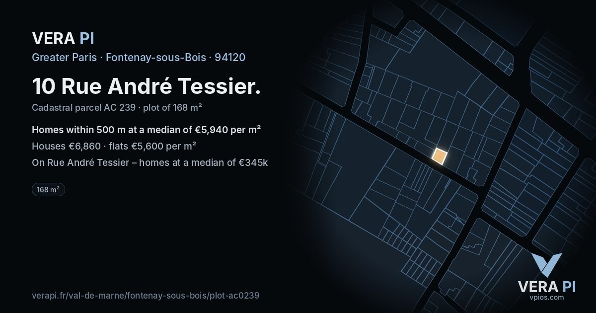 10 Rue André Tessier, Fontenay-sous-Bois at night – the plot lit, the parcels around coloured by the prices near them