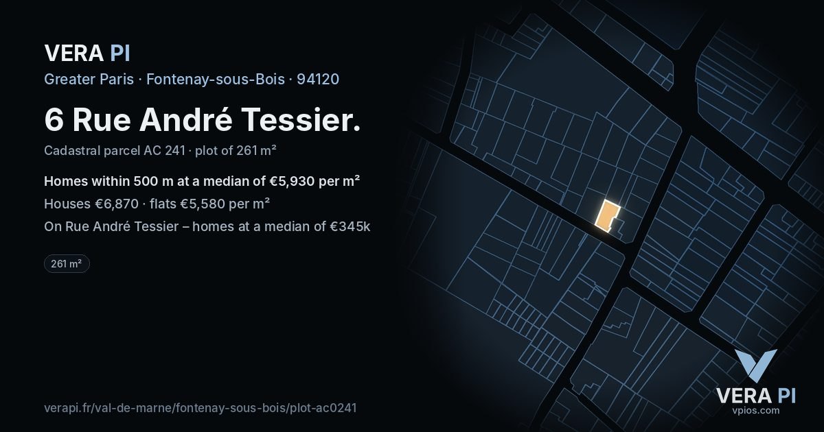 6 Rue André Tessier, Fontenay-sous-Bois at night – the plot lit, the parcels around coloured by the prices near them
