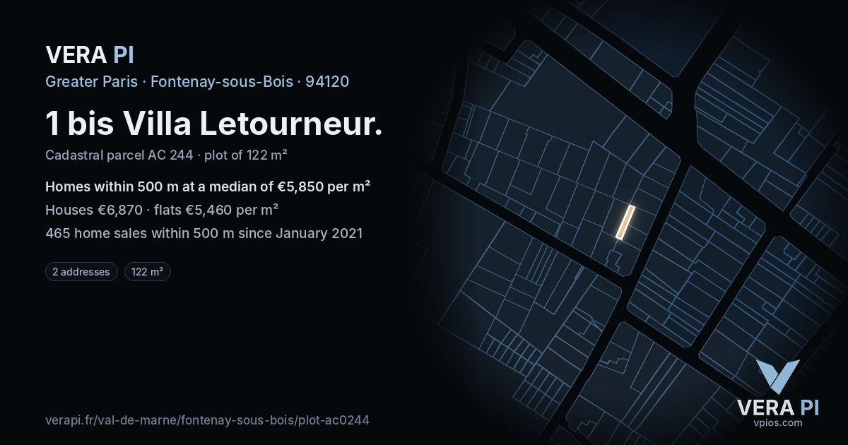 1 bis Villa Letourneur, Fontenay-sous-Bois at night – the plot lit, the parcels around coloured by the prices near them