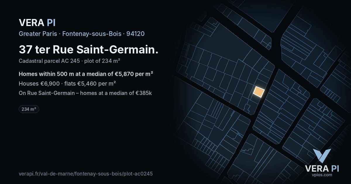 37 ter Rue Saint-Germain, Fontenay-sous-Bois at night – the plot lit, the parcels around coloured by the prices near them