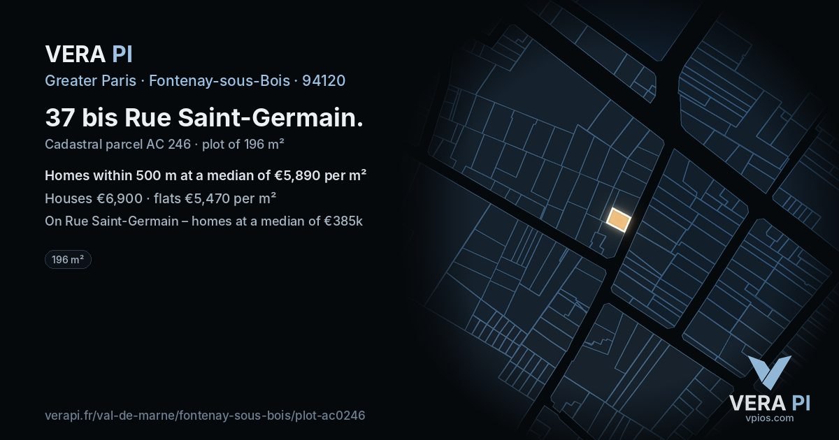 37 bis Rue Saint-Germain, Fontenay-sous-Bois at night – the plot lit, the parcels around coloured by the prices near them