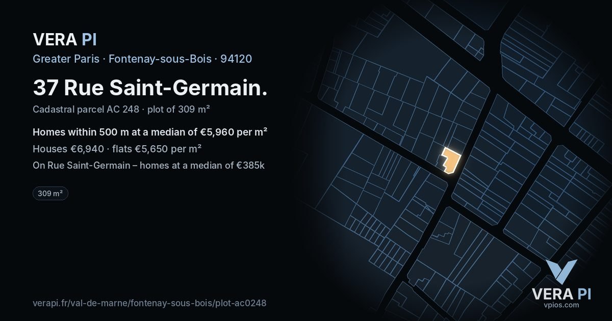 37 Rue Saint-Germain, Fontenay-sous-Bois at night – the plot lit, the parcels around coloured by the prices near them