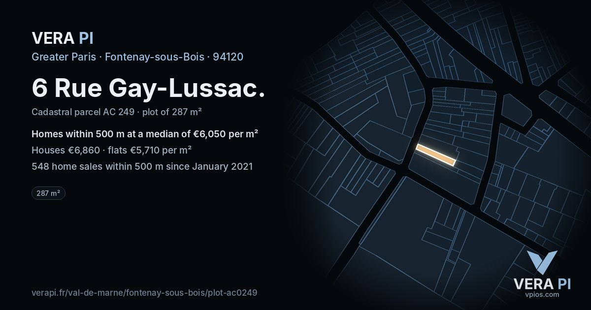 6 Rue Gay-Lussac, Fontenay-sous-Bois at night – the plot lit, the parcels around coloured by the prices near them