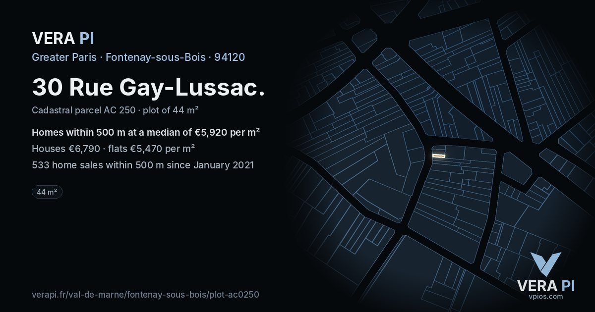 30 Rue Gay-Lussac, Fontenay-sous-Bois at night – the plot lit, the parcels around coloured by the prices near them