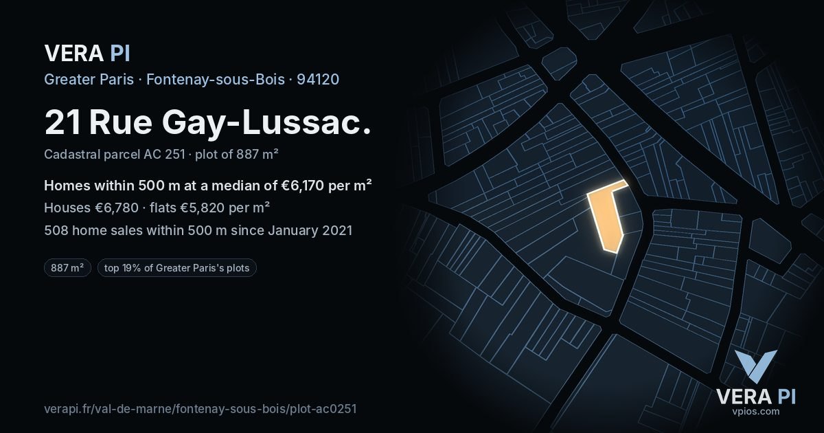 21 Rue Gay-Lussac, Fontenay-sous-Bois at night – the plot lit, the parcels around coloured by the prices near them