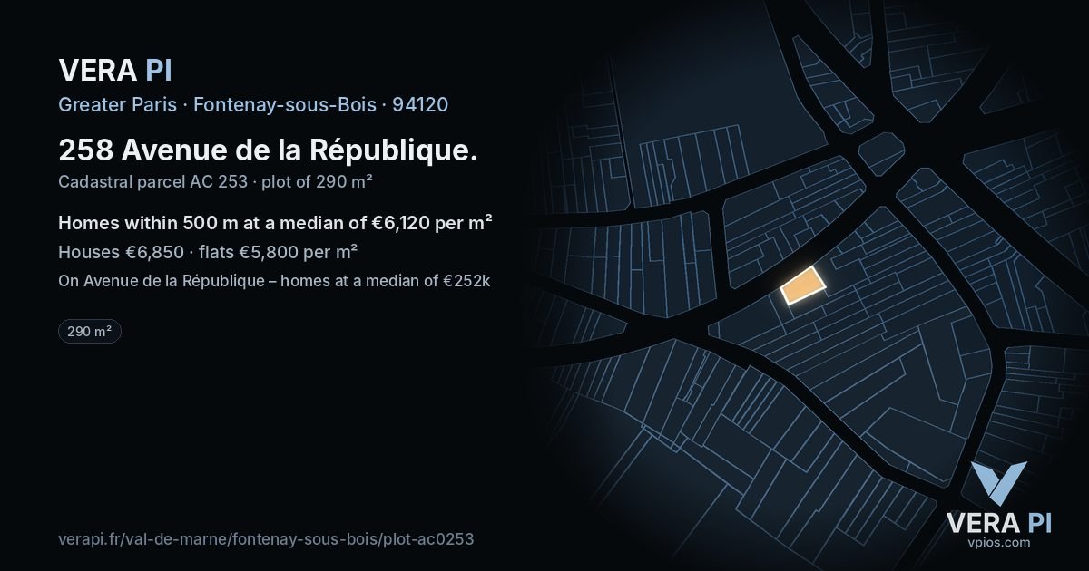 258 Avenue de la République, Fontenay-sous-Bois at night – the plot lit, the parcels around coloured by the prices near them