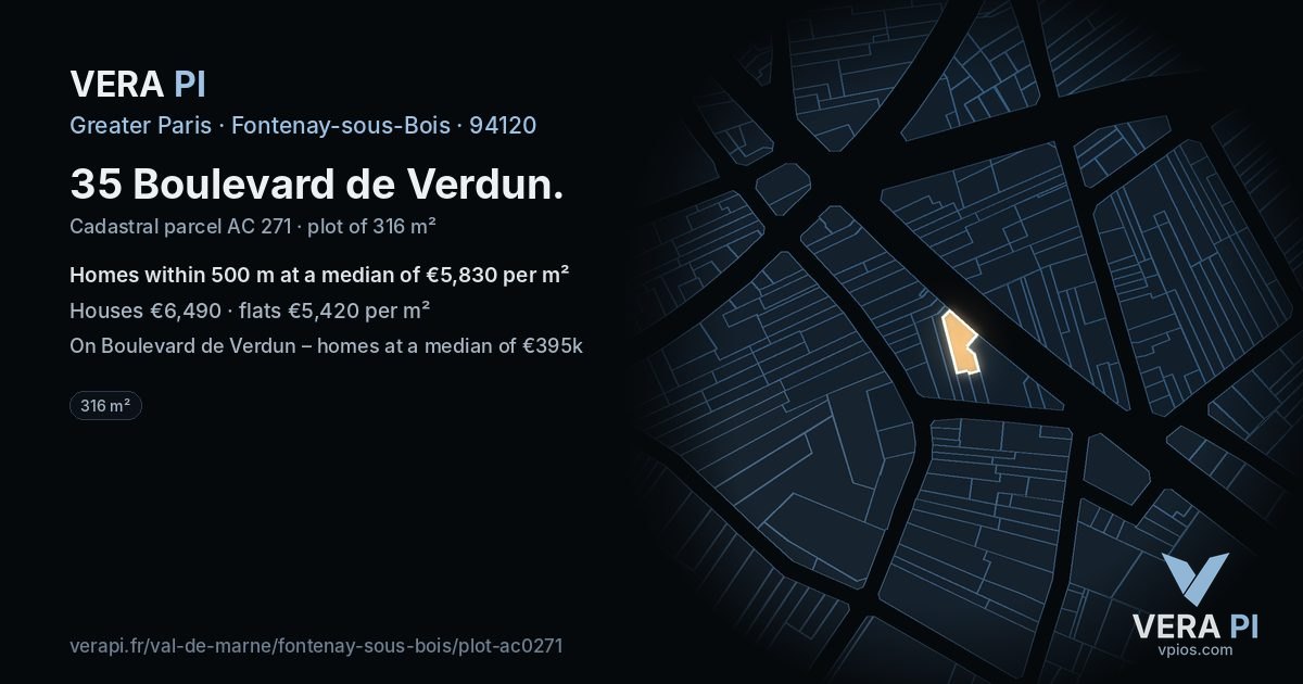 35 Boulevard de Verdun, Fontenay-sous-Bois at night – the plot lit, the parcels around coloured by the prices near them