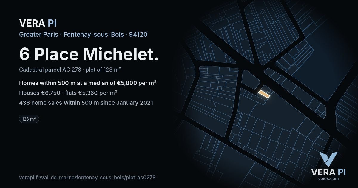 6 Place Michelet, Fontenay-sous-Bois at night – the plot lit, the parcels around coloured by the prices near them