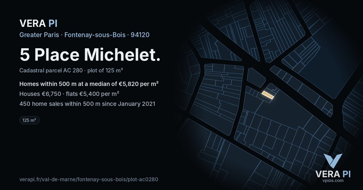 5 Place Michelet, Fontenay-sous-Bois at night – the plot lit, the parcels around coloured by the prices near them