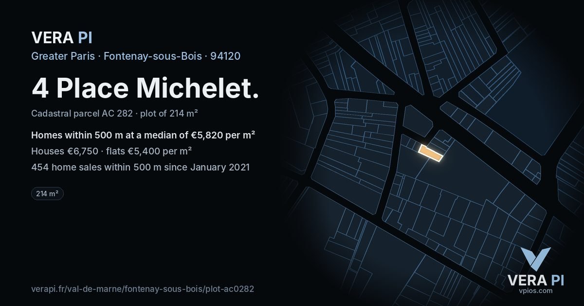 4 Place Michelet, Fontenay-sous-Bois at night – the plot lit, the parcels around coloured by the prices near them