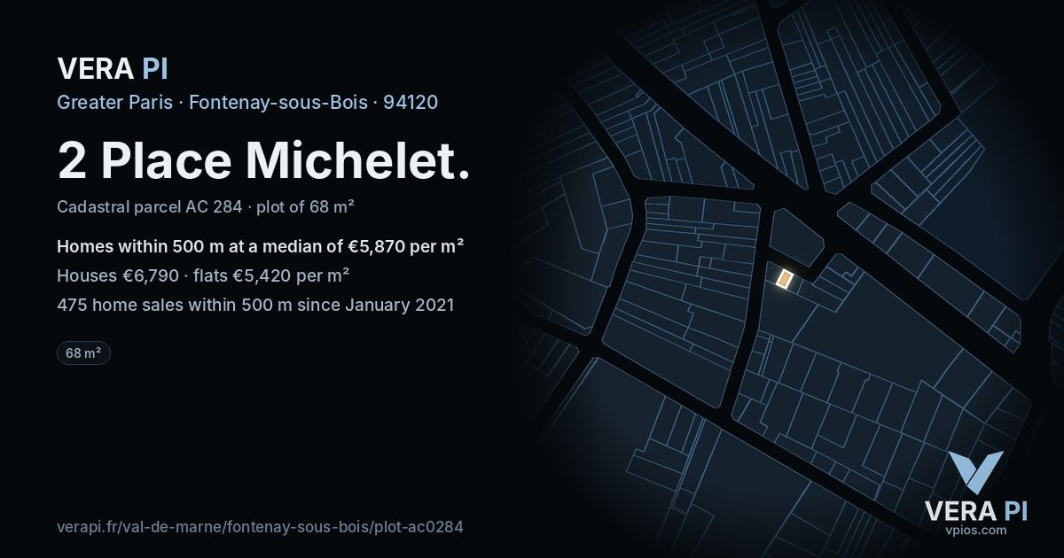 2 Place Michelet, Fontenay-sous-Bois at night – the plot lit, the parcels around coloured by the prices near them