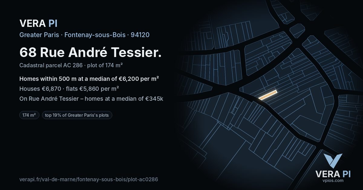 68 Rue André Tessier, Fontenay-sous-Bois at night – the plot lit, the parcels around coloured by the prices near them