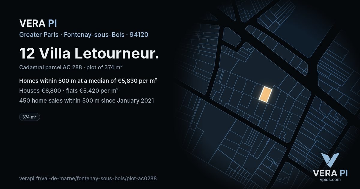12 Villa Letourneur, Fontenay-sous-Bois at night – the plot lit, the parcels around coloured by the prices near them