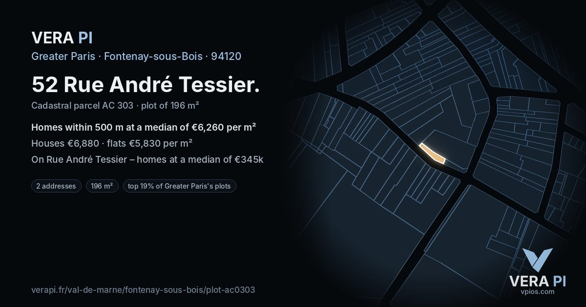 52 Rue André Tessier, Fontenay-sous-Bois at night – the plot lit, the parcels around coloured by the prices near them