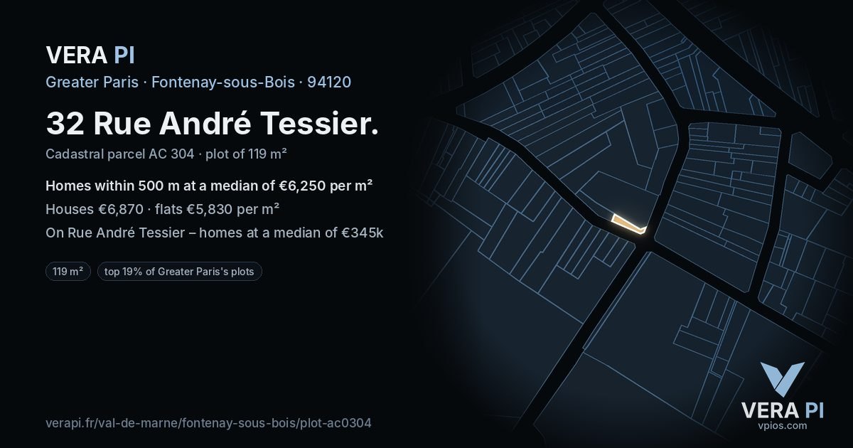 32 Rue André Tessier, Fontenay-sous-Bois at night – the plot lit, the parcels around coloured by the prices near them