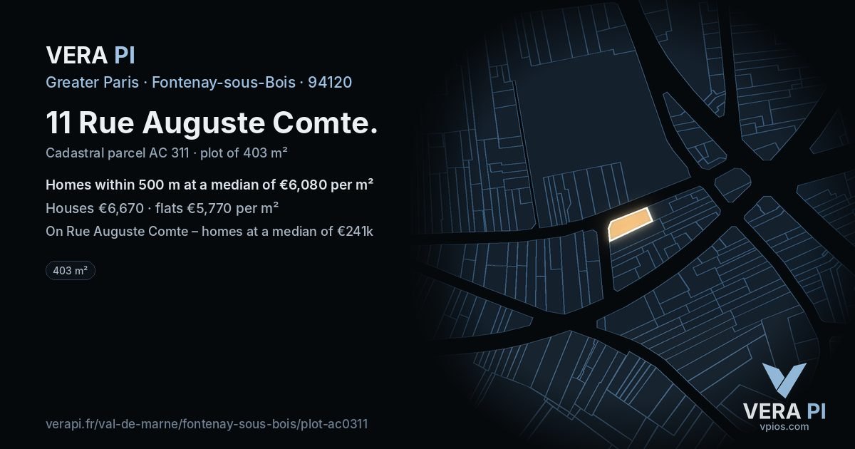 11 Rue Auguste Comte, Fontenay-sous-Bois at night – the plot lit, the parcels around coloured by the prices near them