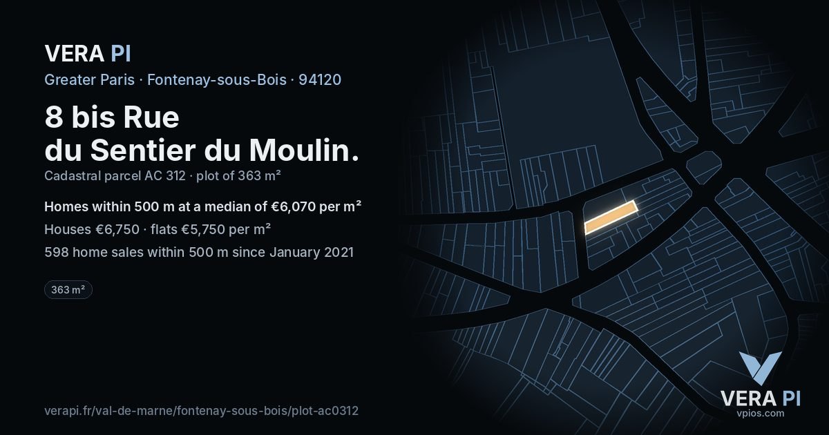 8 bis Rue du Sentier du Moulin, Fontenay-sous-Bois at night – the plot lit, the parcels around coloured by the prices near them