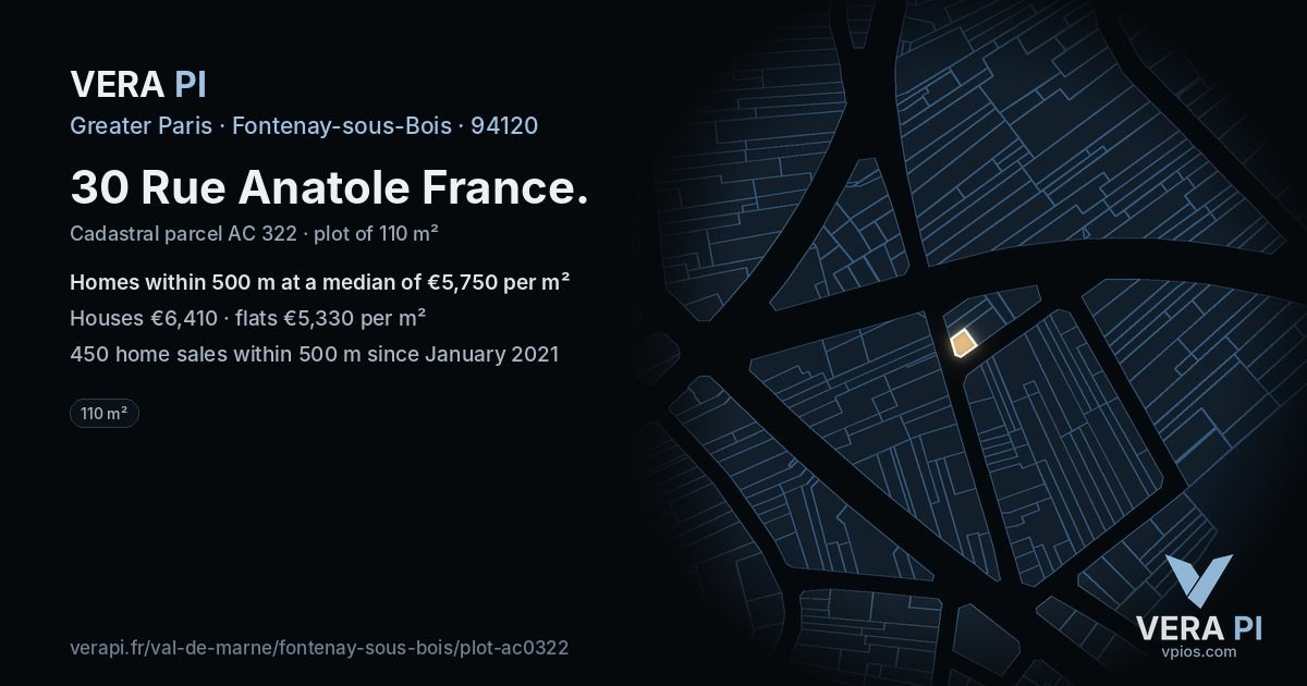 30 Rue Anatole France, Fontenay-sous-Bois at night – the plot lit, the parcels around coloured by the prices near them