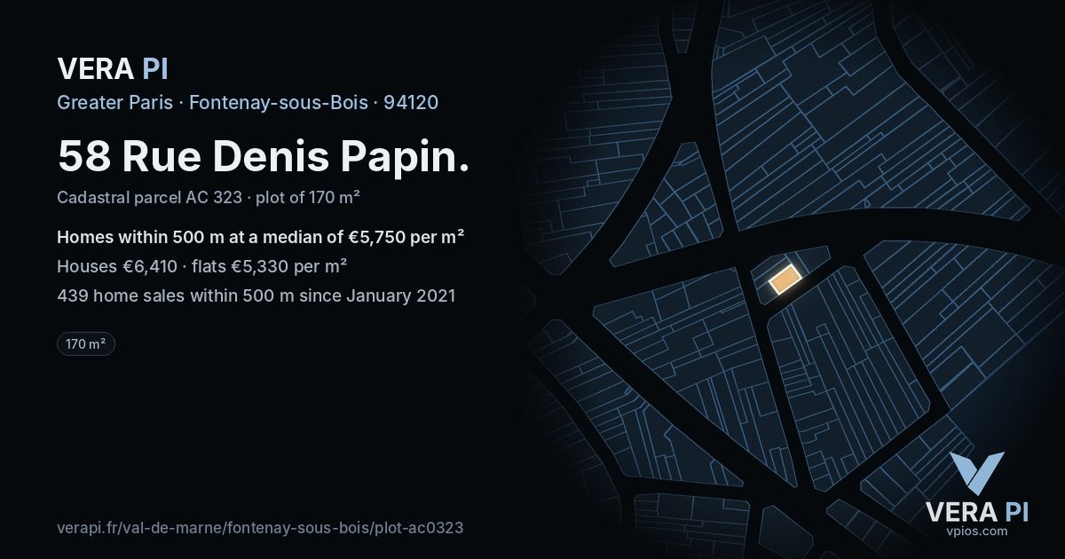 58 Rue Denis Papin, Fontenay-sous-Bois at night – the plot lit, the parcels around coloured by the prices near them