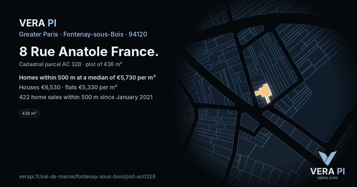 8 Rue Anatole France, Fontenay-sous-Bois at night – the plot lit, the parcels around coloured by the prices near them
