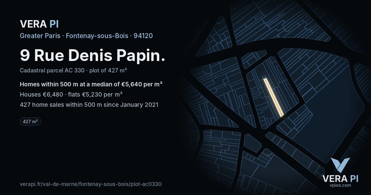 9 Rue Denis Papin, Fontenay-sous-Bois at night – the plot lit, the parcels around coloured by the prices near them
