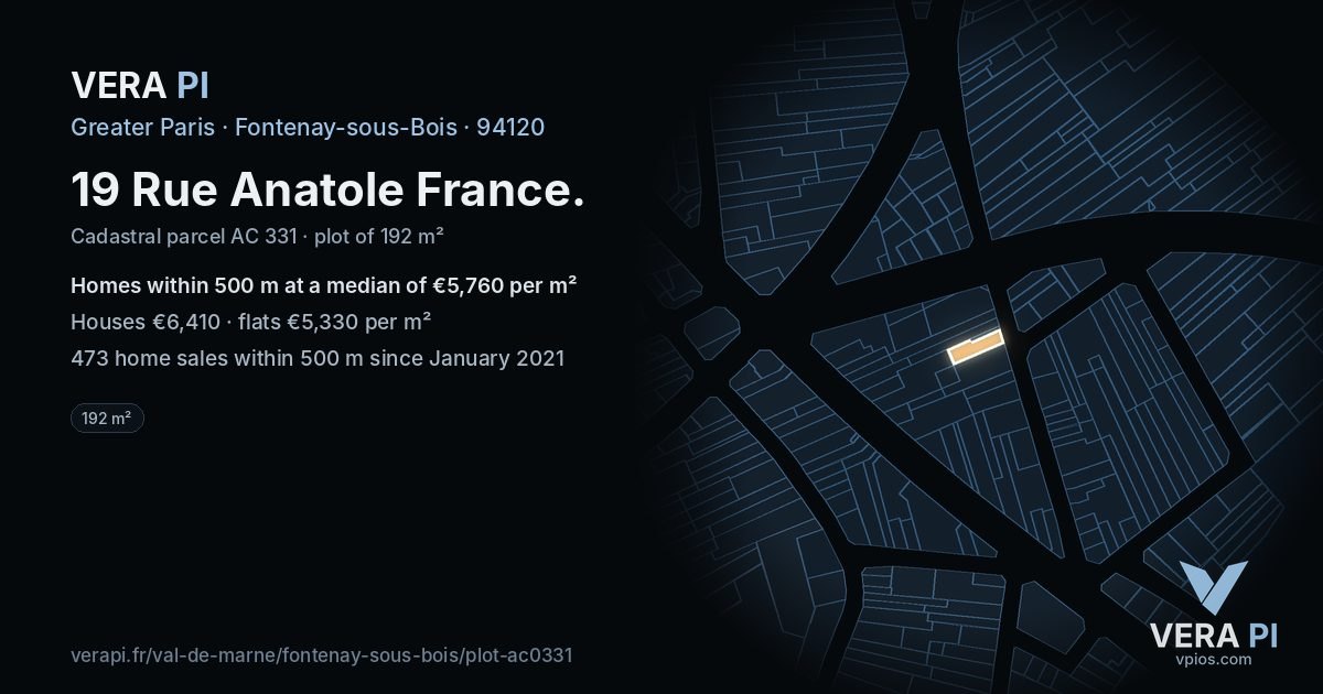 19 Rue Anatole France, Fontenay-sous-Bois at night – the plot lit, the parcels around coloured by the prices near them