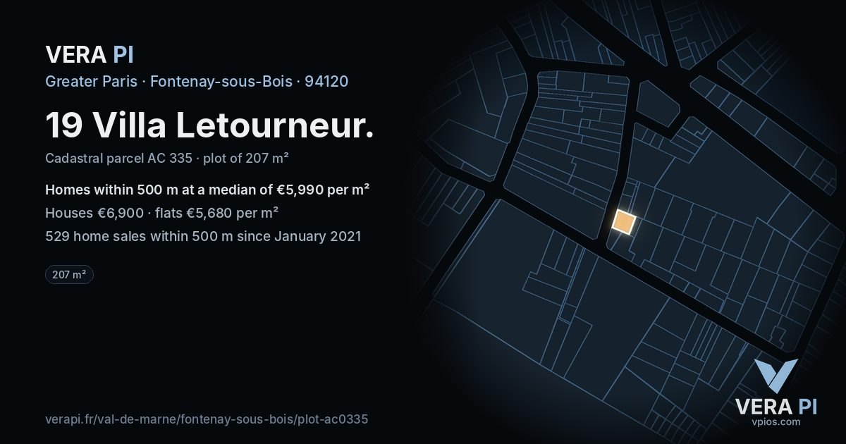 19 Villa Letourneur, Fontenay-sous-Bois at night – the plot lit, the parcels around coloured by the prices near them