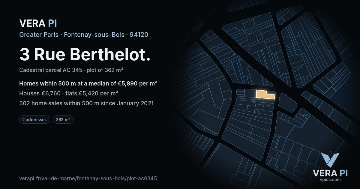 3 Rue Berthelot, Fontenay-sous-Bois at night – the plot lit, the parcels around coloured by the prices near them