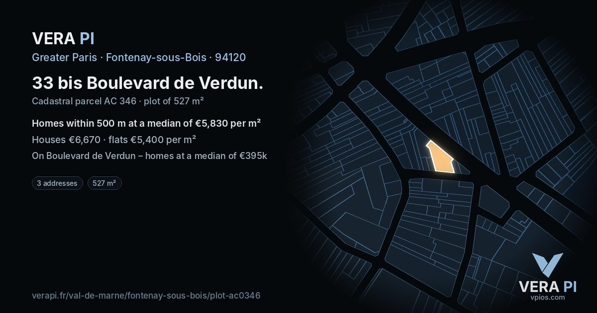 33 bis Boulevard de Verdun, Fontenay-sous-Bois at night – the plot lit, the parcels around coloured by the prices near them