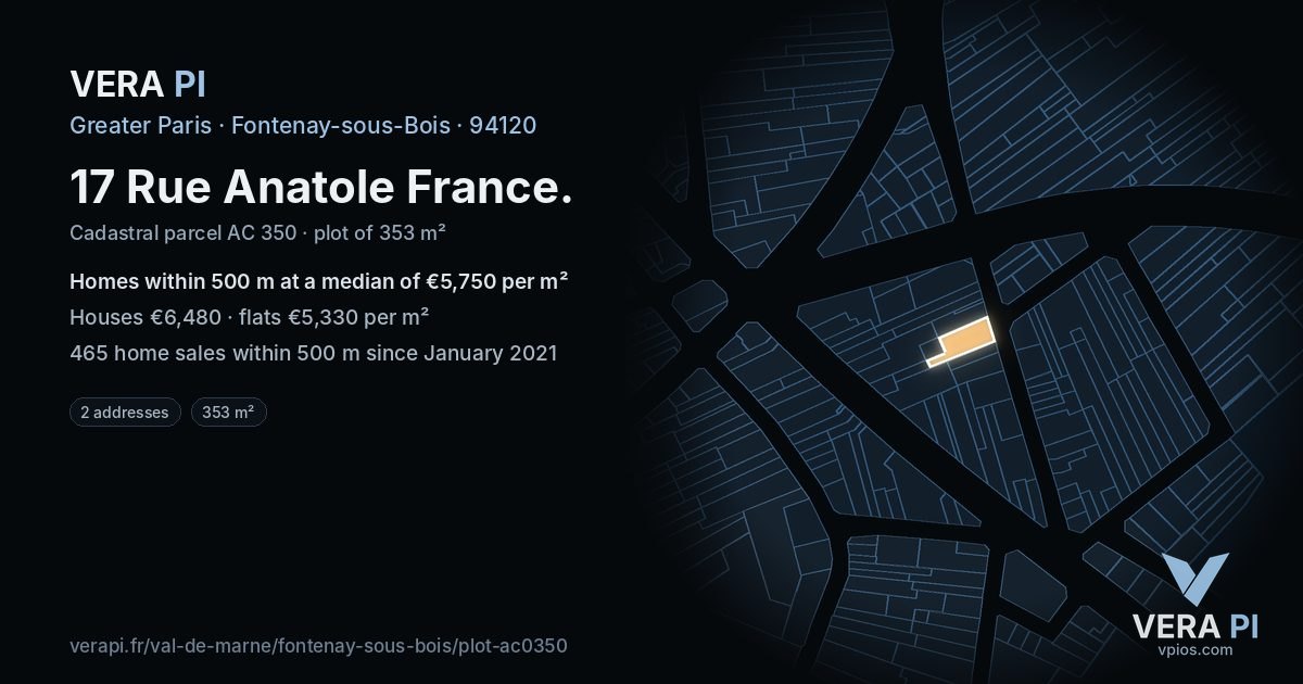 17 Rue Anatole France, Fontenay-sous-Bois at night – the plot lit, the parcels around coloured by the prices near them