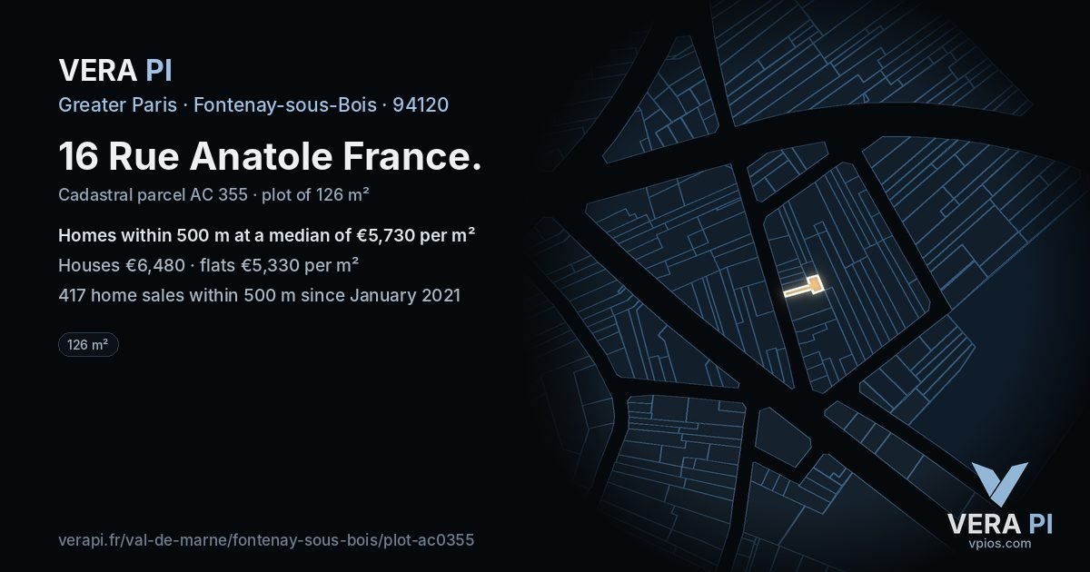 16 Rue Anatole France, Fontenay-sous-Bois at night – the plot lit, the parcels around coloured by the prices near them