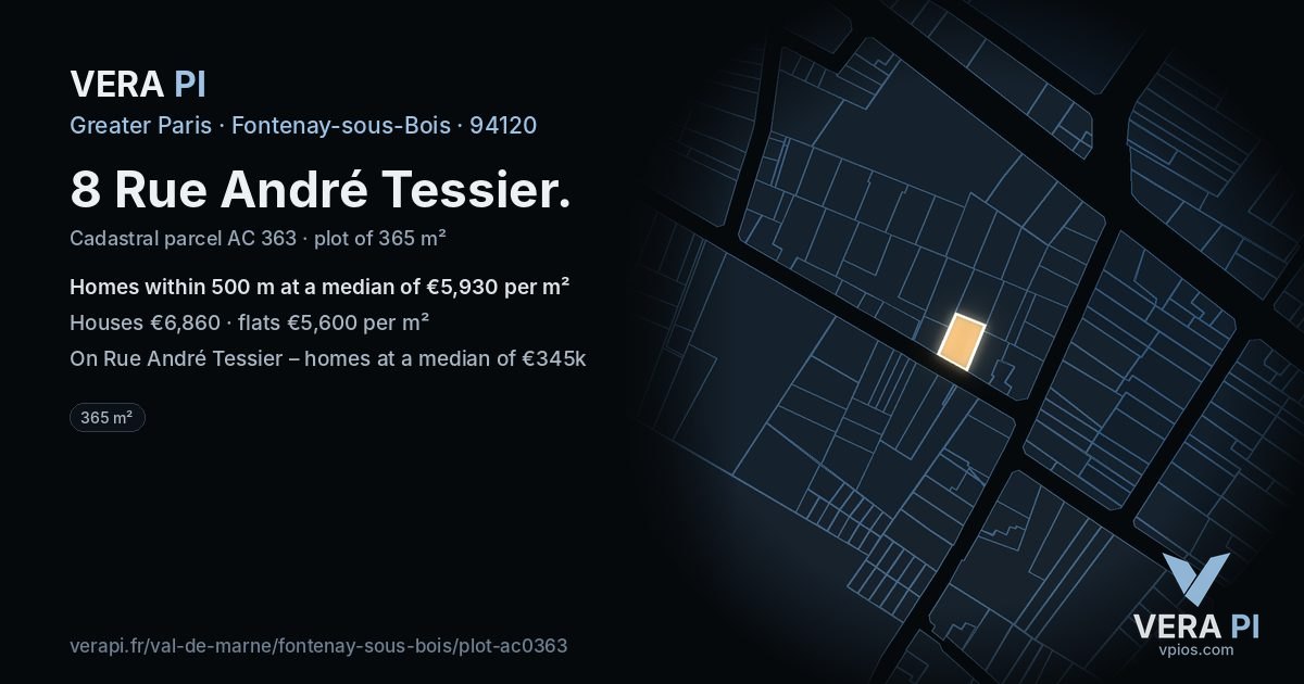 8 Rue André Tessier, Fontenay-sous-Bois at night – the plot lit, the parcels around coloured by the prices near them
