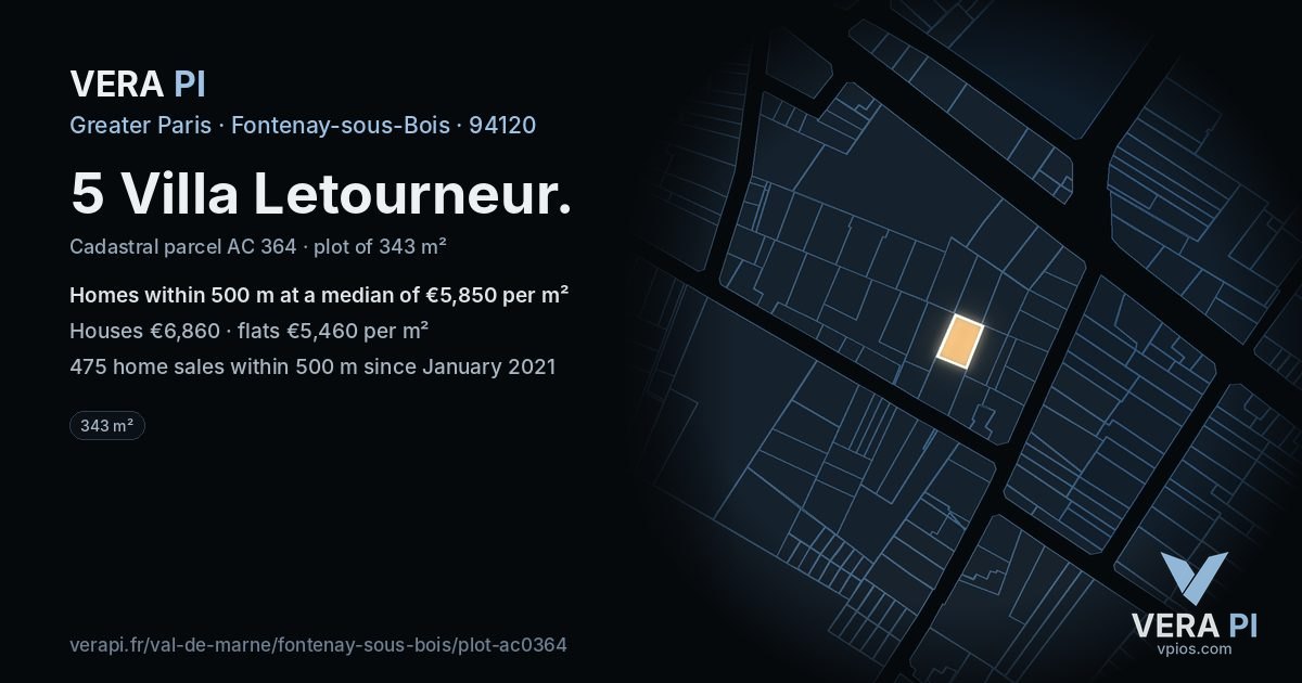5 Villa Letourneur, Fontenay-sous-Bois at night – the plot lit, the parcels around coloured by the prices near them