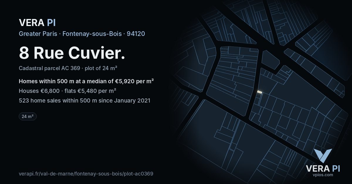 8 Rue Cuvier, Fontenay-sous-Bois at night – the plot lit, the parcels around coloured by the prices near them