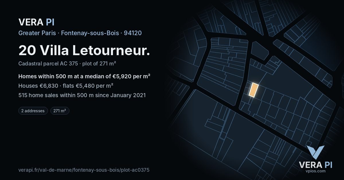 20 Villa Letourneur, Fontenay-sous-Bois at night – the plot lit, the parcels around coloured by the prices near them