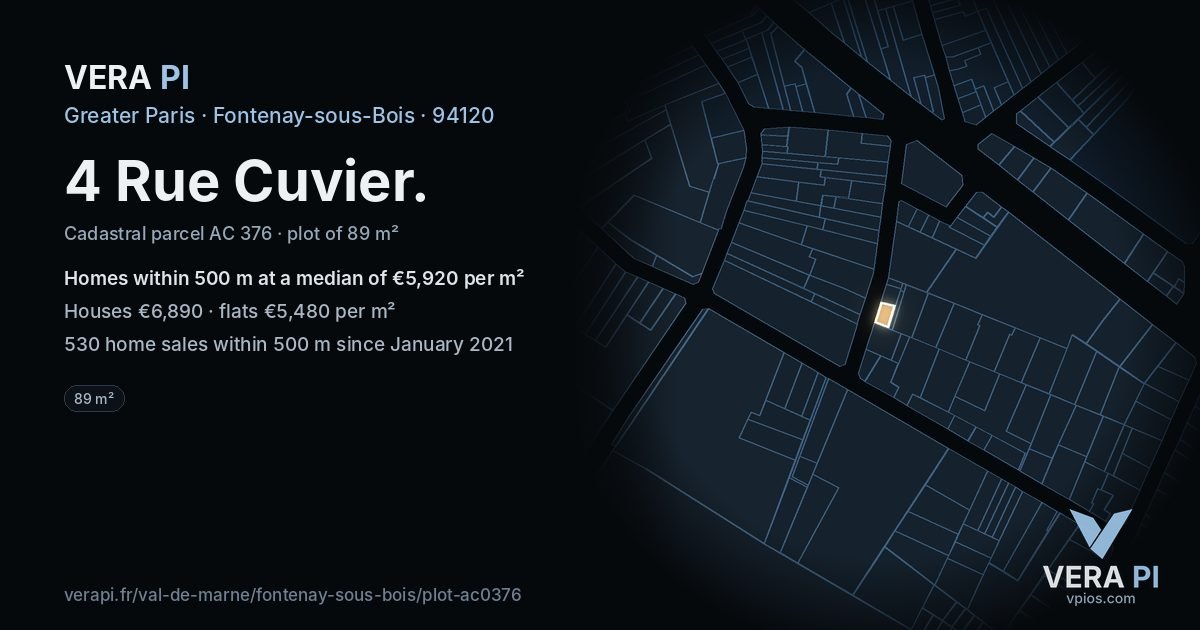 4 Rue Cuvier, Fontenay-sous-Bois at night – the plot lit, the parcels around coloured by the prices near them