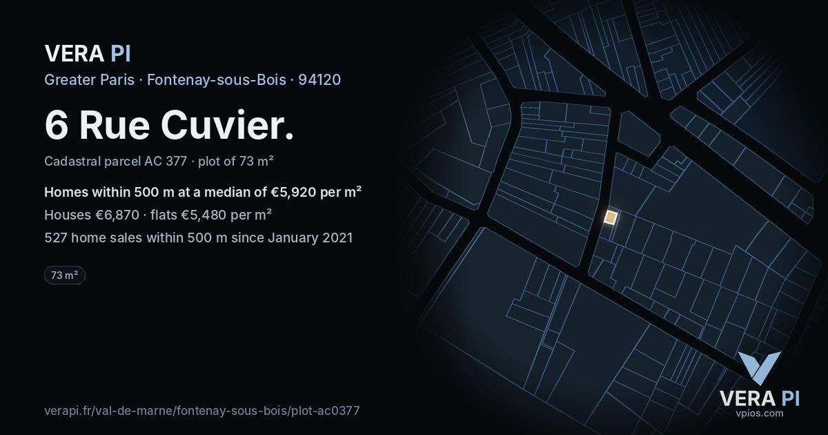 6 Rue Cuvier, Fontenay-sous-Bois at night – the plot lit, the parcels around coloured by the prices near them