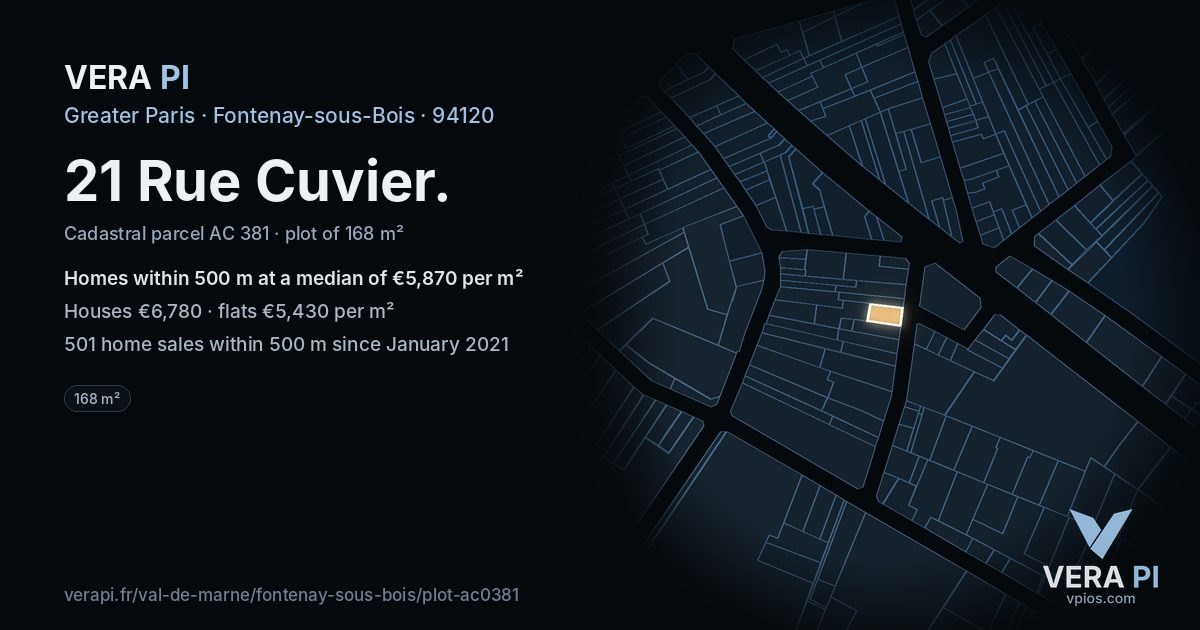 21 Rue Cuvier, Fontenay-sous-Bois at night – the plot lit, the parcels around coloured by the prices near them