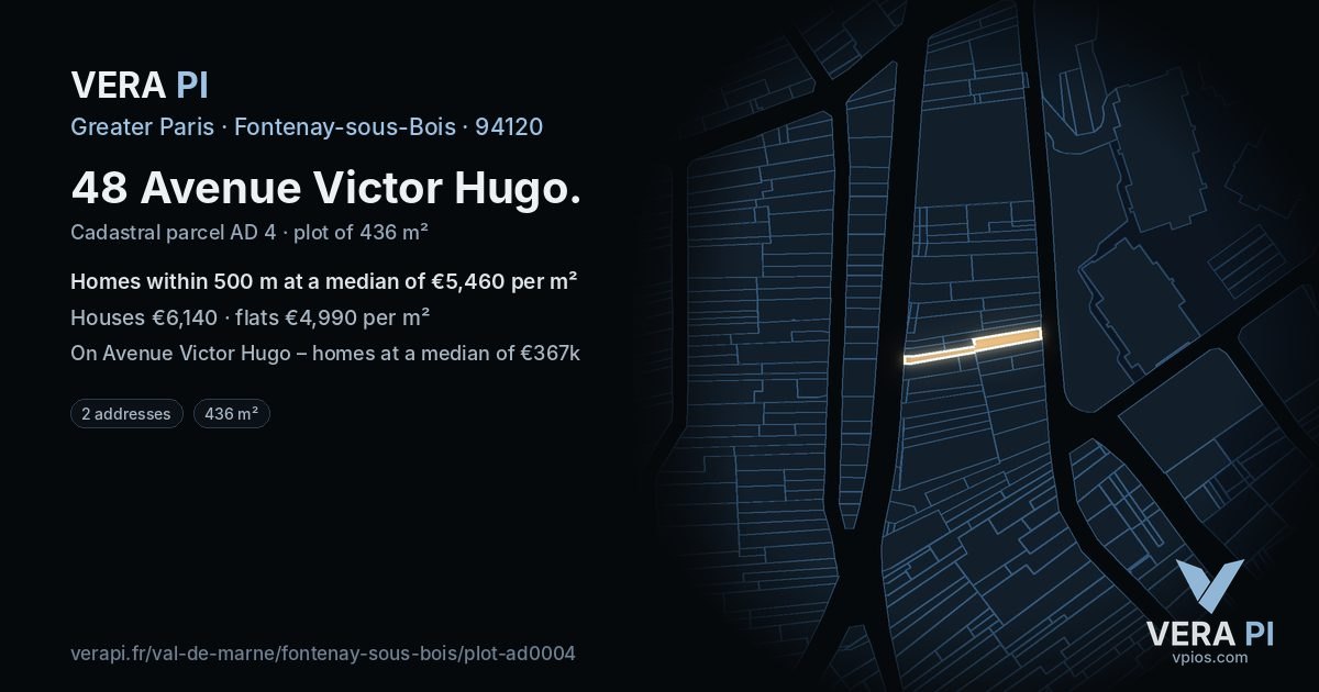 48 Avenue Victor Hugo, Fontenay-sous-Bois at night – the plot lit, the parcels around coloured by the prices near them