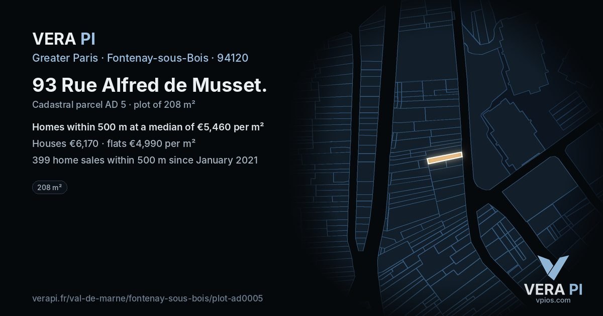 93 Rue Alfred de Musset, Fontenay-sous-Bois at night – the plot lit, the parcels around coloured by the prices near them