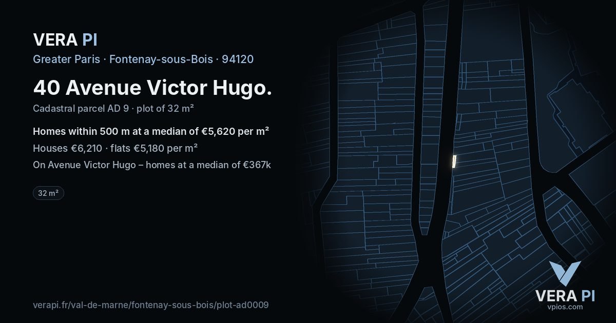 40 Avenue Victor Hugo, Fontenay-sous-Bois at night – the plot lit, the parcels around coloured by the prices near them