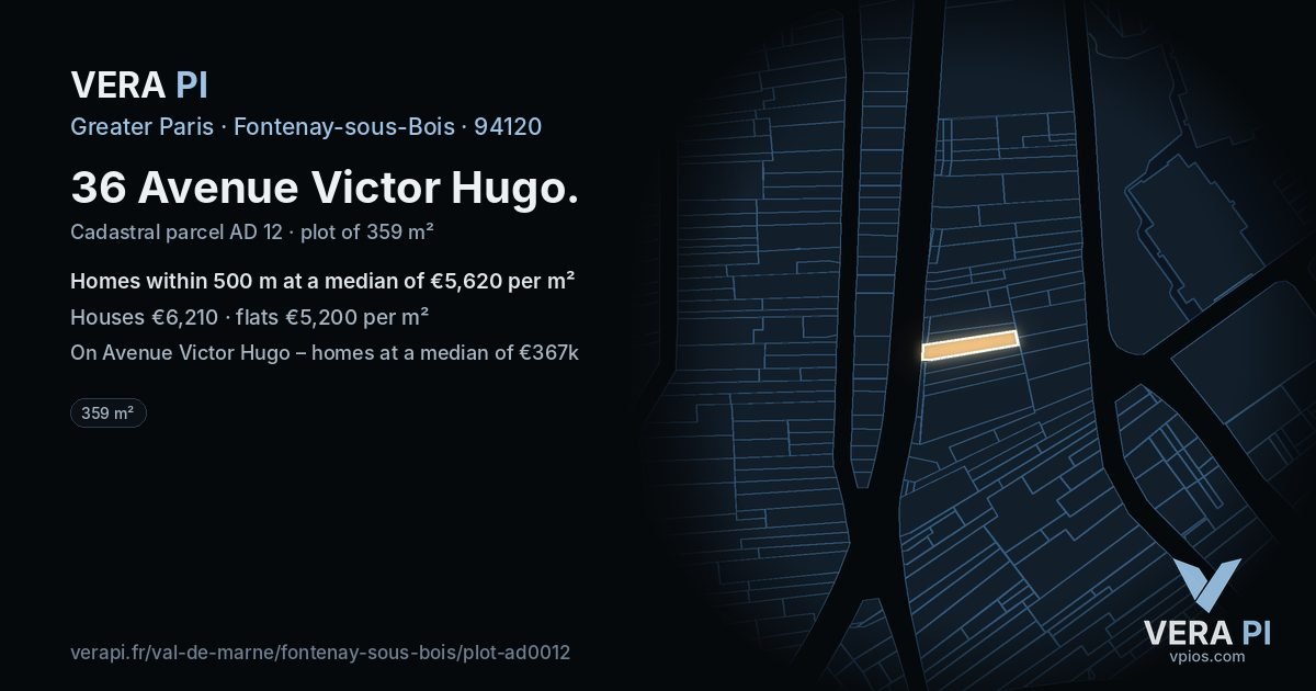 36 Avenue Victor Hugo, Fontenay-sous-Bois at night – the plot lit, the parcels around coloured by the prices near them