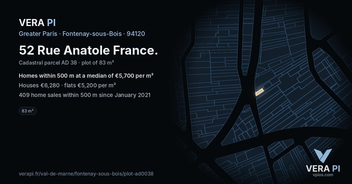 52 Rue Anatole France, Fontenay-sous-Bois at night – the plot lit, the parcels around coloured by the prices near them