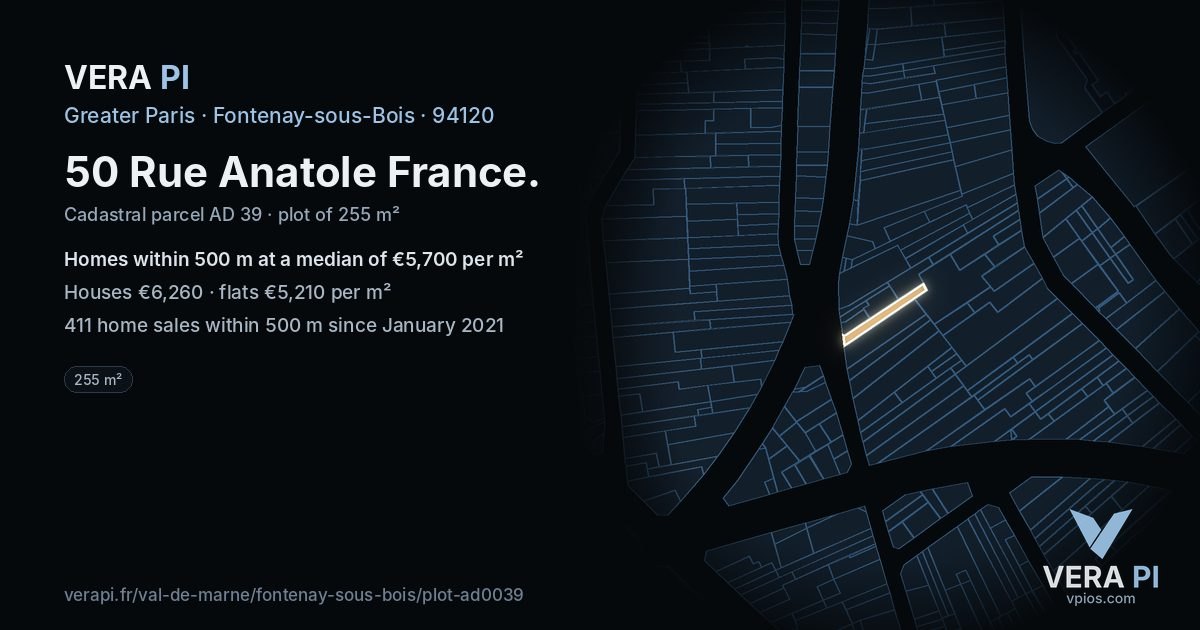 50 Rue Anatole France, Fontenay-sous-Bois at night – the plot lit, the parcels around coloured by the prices near them