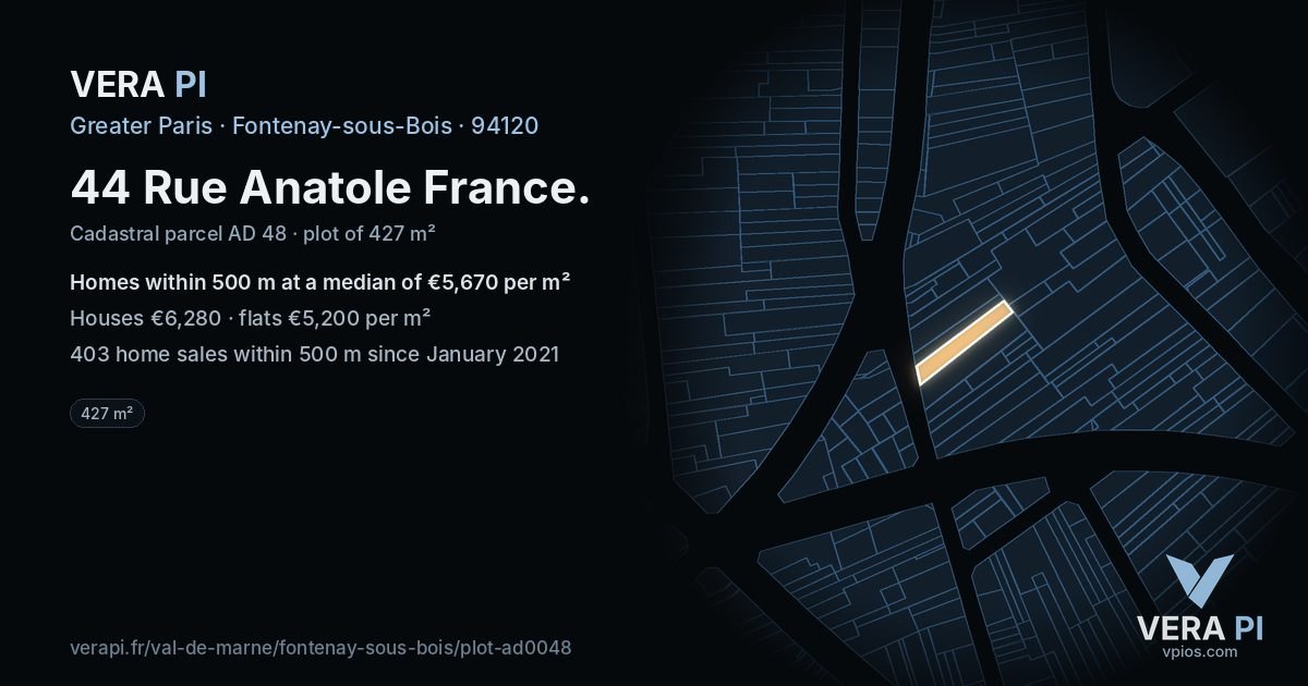 44 Rue Anatole France, Fontenay-sous-Bois at night – the plot lit, the parcels around coloured by the prices near them